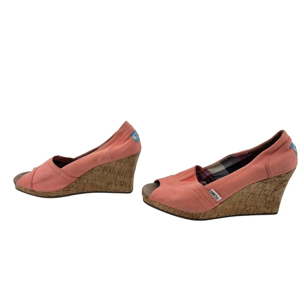 TOMS Coral Pink Canvas‎ Peep Toe 3 inch Wedge Espadrilles Shoes Womens 8.5